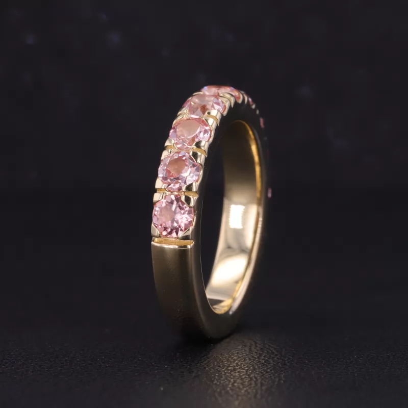 3.5mm Round Brilliant Cut Lab Grown Sukura Pink Sapphire 10K Yellow Gold Nine Stone Diamond Ring