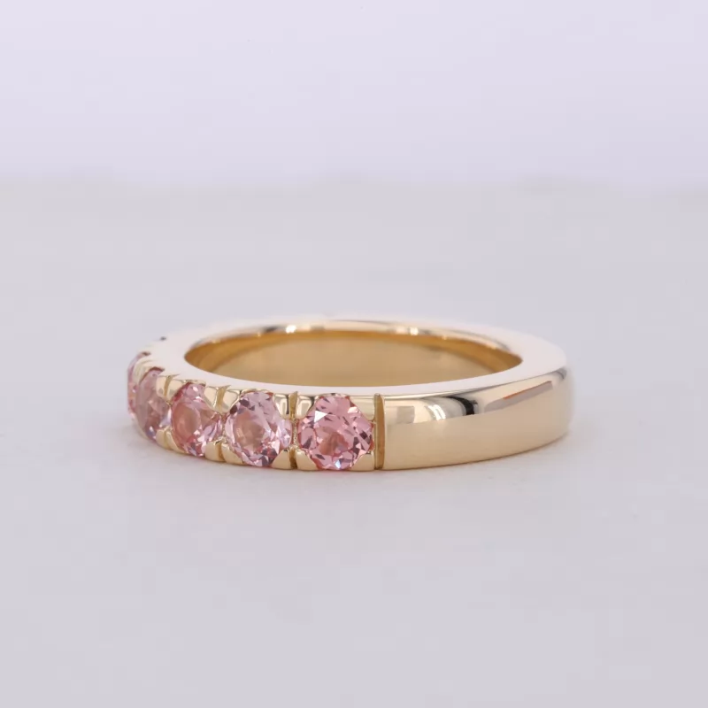 3.5mm Round Brilliant Cut Lab Grown Sukura Pink Sapphire 10K Yellow Gold Nine Stone Diamond Ring