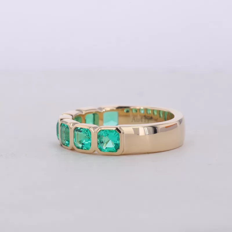 3.5×3.5mm Asscher Cut Lab Grown Emerald Bezel Set 10K Yellow Gold Seven Stone Diamond Ring