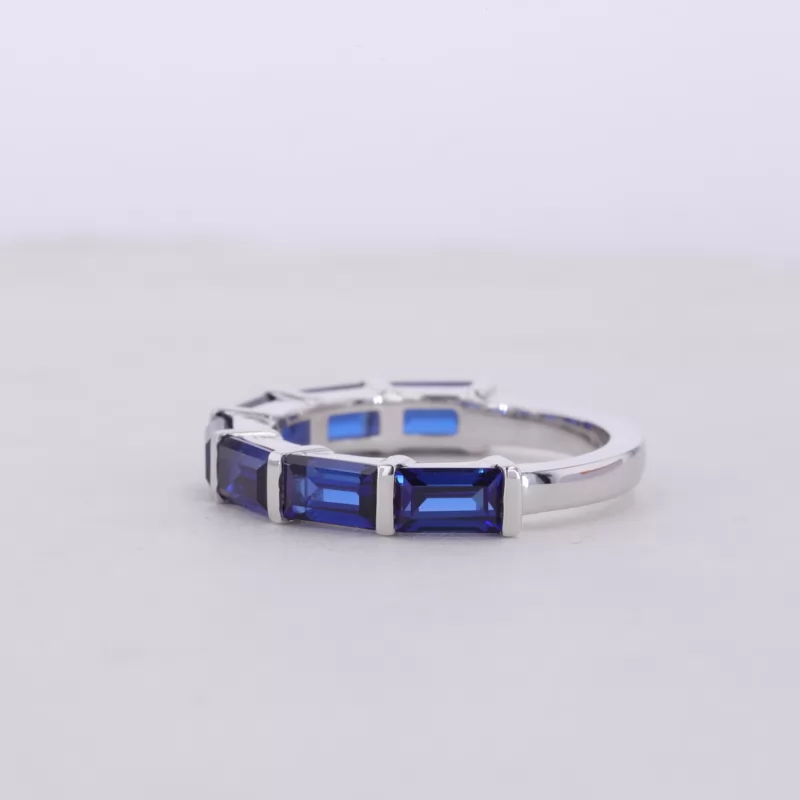 3×5mm Baguette Step Cut Lab Grown Sapphire 10K White Gold Seven Stone Diamond Ring