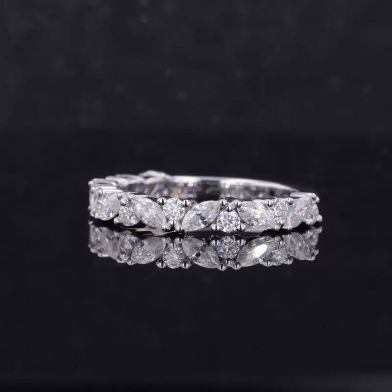 2×4mm Marquise Cut Moissanite & 2mm Round Brilliant Cut Moissanite 14K White Gold Seventeen Stone Diamond Ring