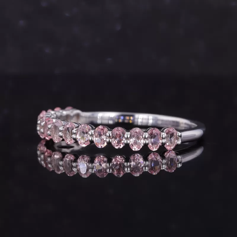 2×3mm Oval Cut Lab Grown Sukura Pink Sapphire 14K White Gold Fifteen Stone Diamond Ring