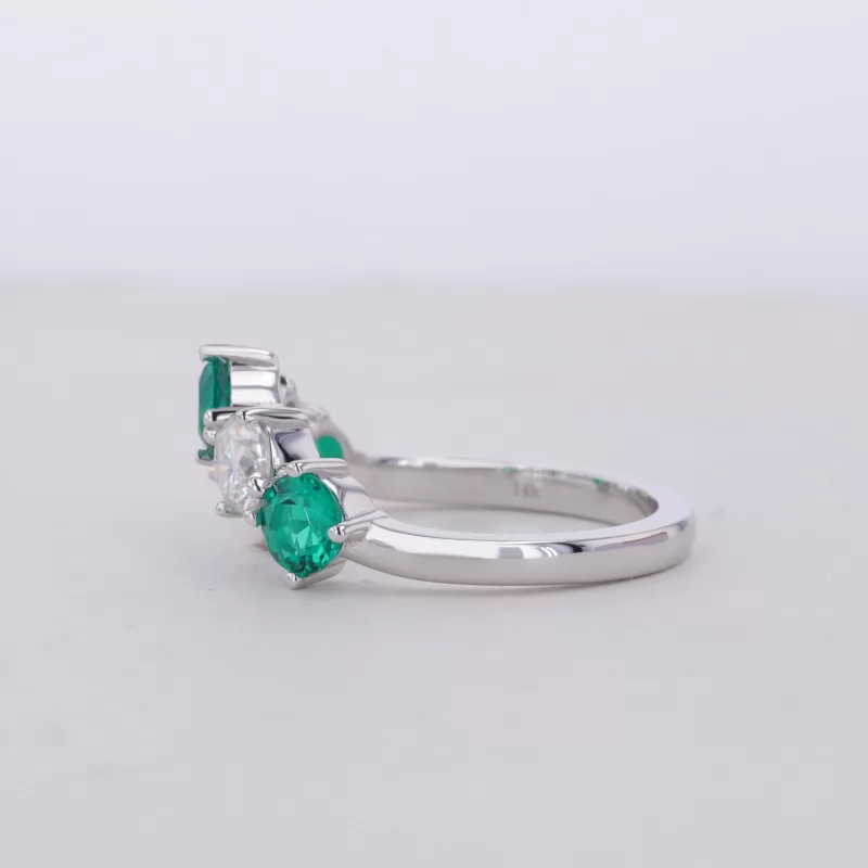 4.5mm Round Brilliant Cut Lab Grown Emerald & Lab Grown Diamond 14K White Gold Five Stone Diamond Ring