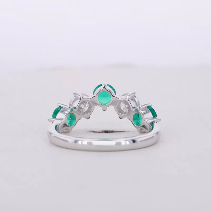 4.5mm Round Brilliant Cut Lab Grown Emerald & Lab Grown Diamond 14K White Gold Five Stone Diamond Ring