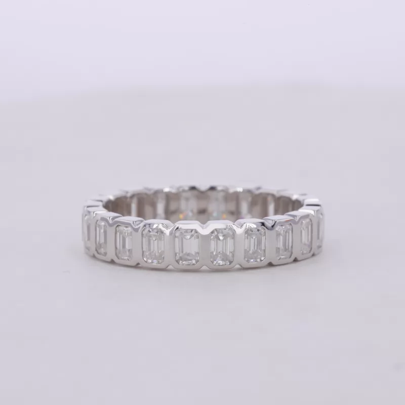 2×3mm Octagon Emerald Cut Moissanite Bezel Set 14K White Gold Diamond Eternity Ring