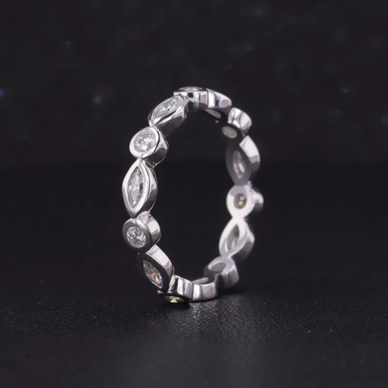 2×4mm Marquise Cut Moissanite & 2.3mm Round Brilliant Cut Moissanite Bezel Set PT950 Diamond Eternity Ring