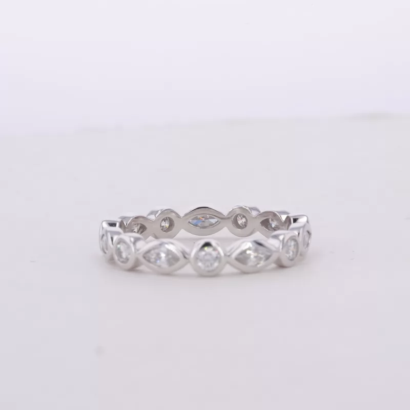 2×4mm Marquise Cut Moissanite & 2.3mm Round Brilliant Cut Moissanite Bezel Set PT950 Diamond Eternity Ring