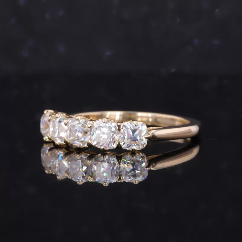 4×4mm Cushion Shape Old Mine Cut Moissanite 10K Yellow Gold Five Stone Diamond Ring