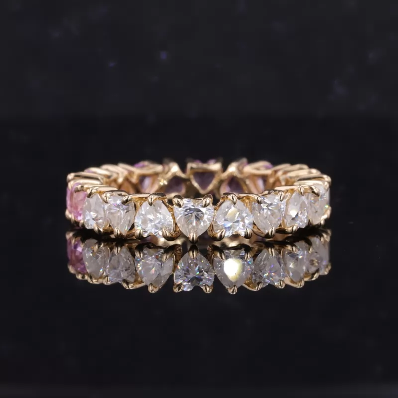 3.5×3.5mm Heart Cut Moissanite & Lab Grown Sukura Pink Sapphire 14K Yellow Gold Diamond Eternity Ring