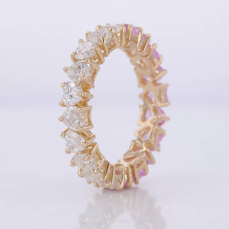 3.5×3.5mm Heart Cut Moissanite & Lab Grown Sukura Pink Sapphire 14K Yellow Gold Diamond Eternity Ring