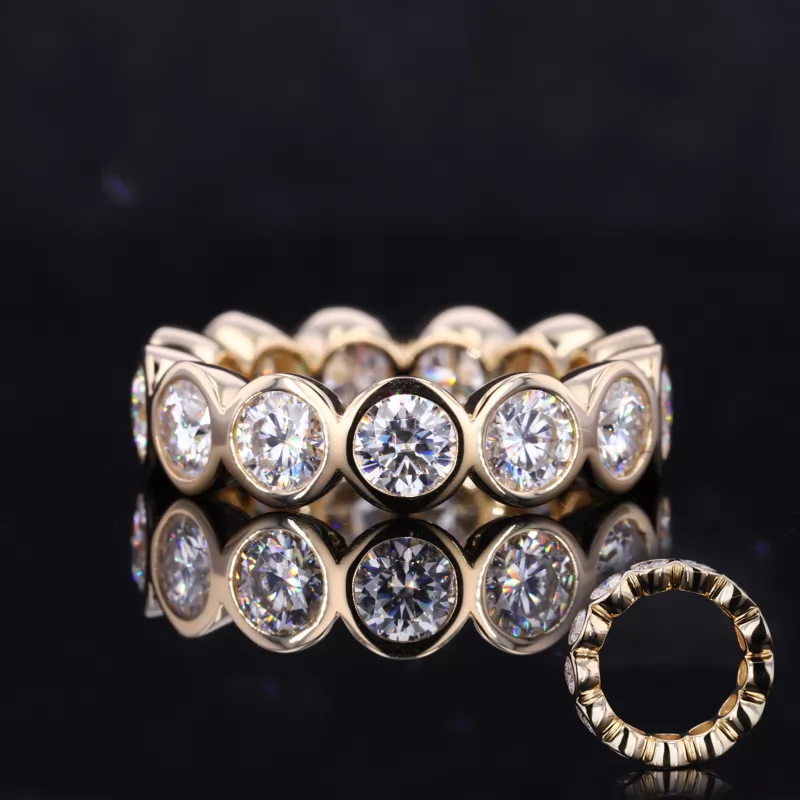 4mm Round Brilliant Cut Moissanite & Lab Grown Emerald & Lab Grown Sapphire Bezel Set 14K Yellow Gold & White Gold & PT950 Diamond Eternity Rings