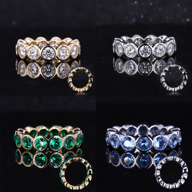 4mm Round Brilliant Cut Moissanite & Lab Grown Emerald & Lab Grown Sapphire Bezel Set 14K Yellow Gold & White Gold & PT950 Diamond Eternity Rings