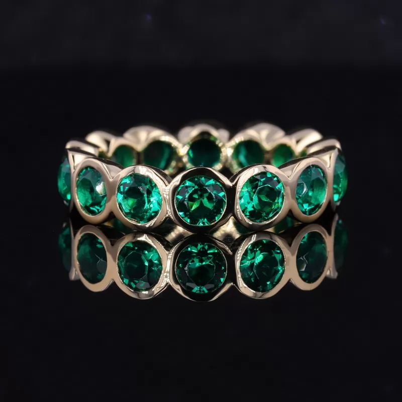 4mm Round Brilliant Cut Moissanite & Lab Grown Emerald & Lab Grown Sapphire Bezel Set 14K Yellow Gold & White Gold & PT950 Diamond Eternity Rings