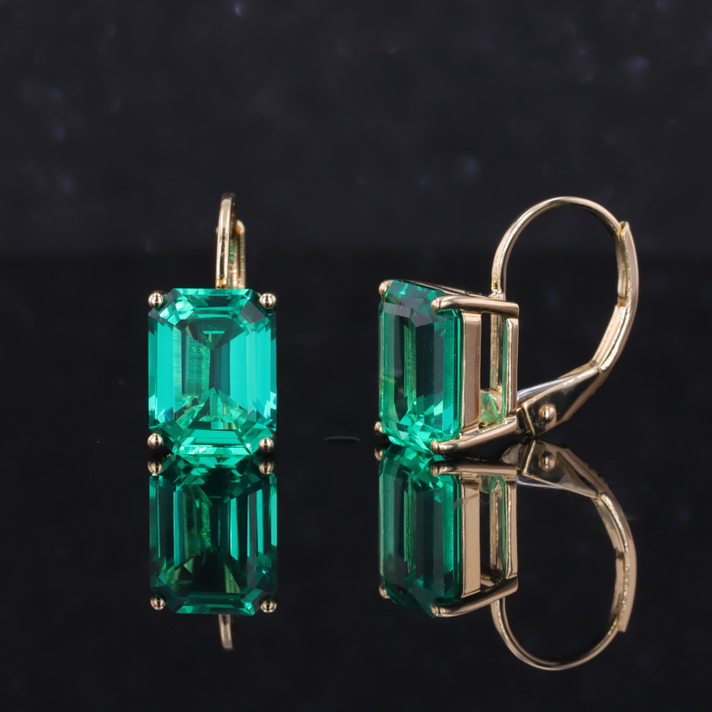 7×9mm Octagon Emerald Cut Lab Grown Emerald 14K Yellow Gold Diamond Earrings