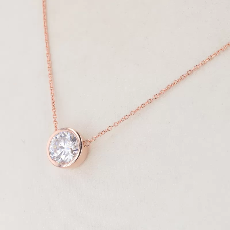 8mm Round Brilliant Cut Moissanite Bezel Set 14K Rose Gold Diamond Pendant Necklace