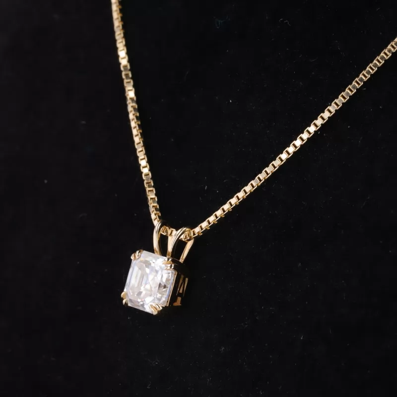 6.5×6.5mm Asscher Cut Moissanite 14K Yellow Gold Diamond Pendant Necklace