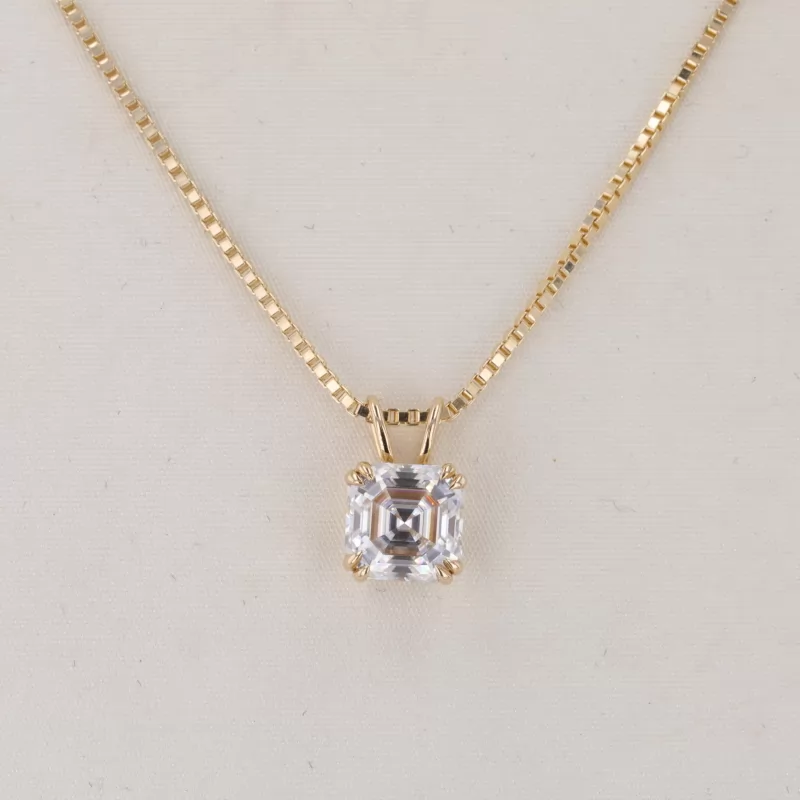 6.5×6.5mm Asscher Cut Moissanite 14K Yellow Gold Diamond Pendant Necklace