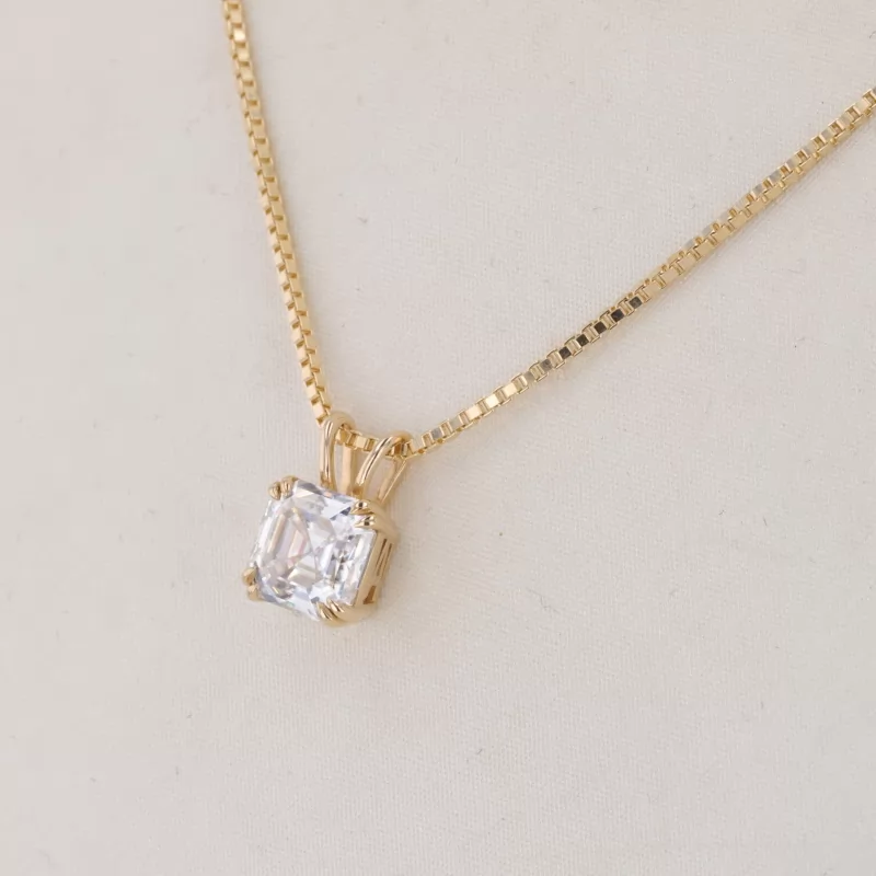 6.5×6.5mm Asscher Cut Moissanite 14K Yellow Gold Diamond Pendant Necklace