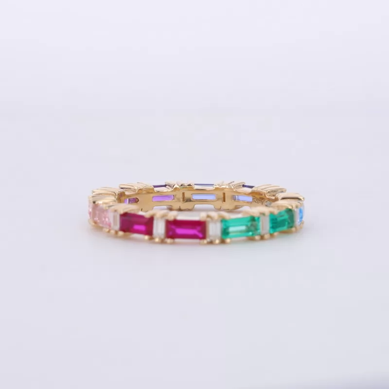 2×4mm Baguette Step Cut Colors Lab Gemstones 9K Yellow Gold Diamond Eternity Ring