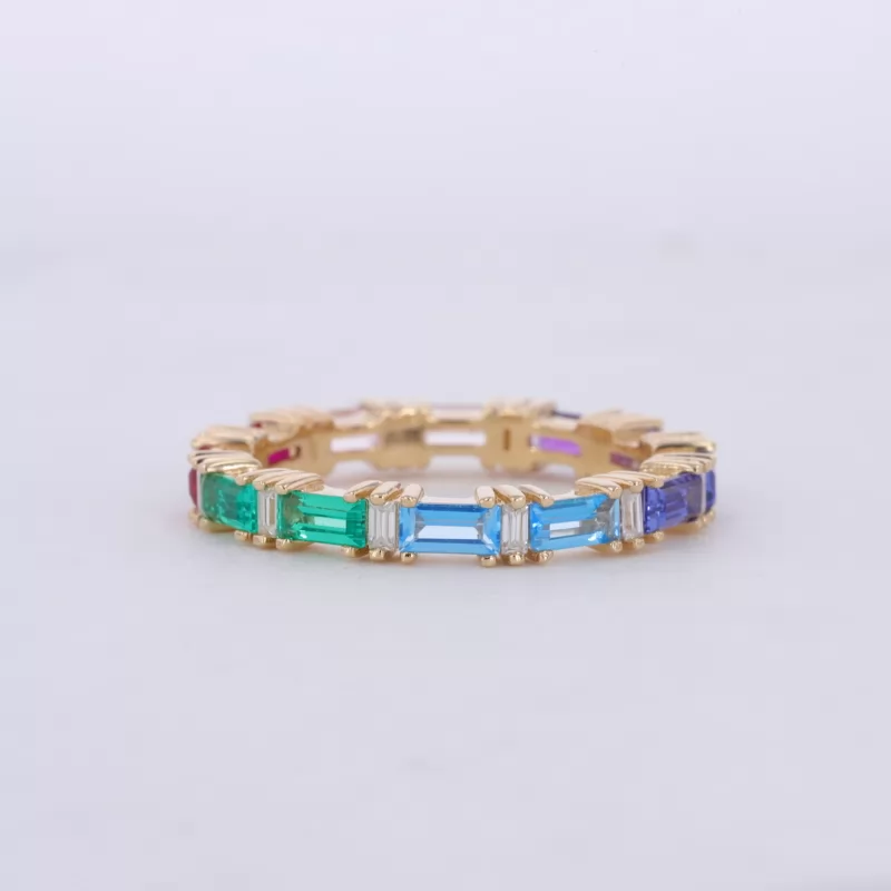 2×4mm Baguette Step Cut Colors Lab Gemstones 9K Yellow Gold Diamond Eternity Ring