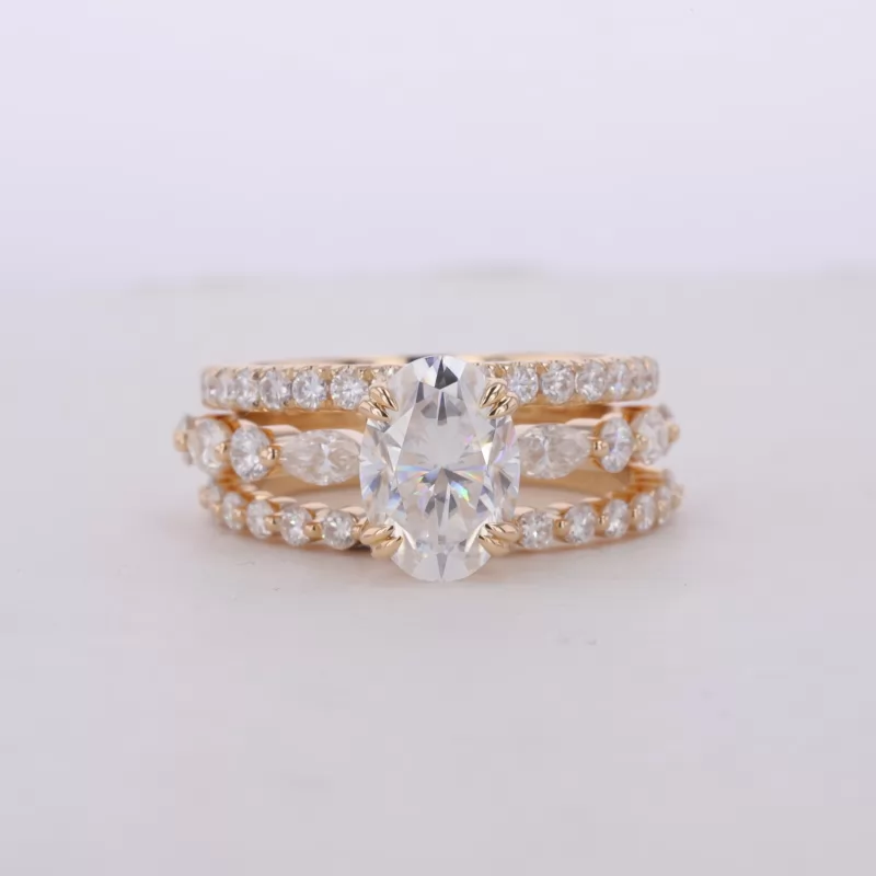 7×10mm Oval Cut Moissanite 14K Yellow Gold Stackable Rings