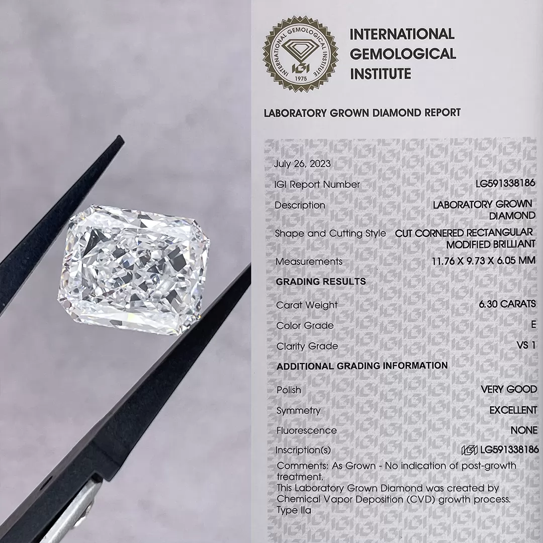 6.30ct E VS1 Radiant Cut IGI CVD Lab Grown Diamond