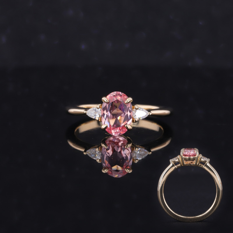 5×7mm Oval Cut Lab Grown Padparadscha Pink Sapphire 9K Yellow Gold Three Stone Engagement Ring