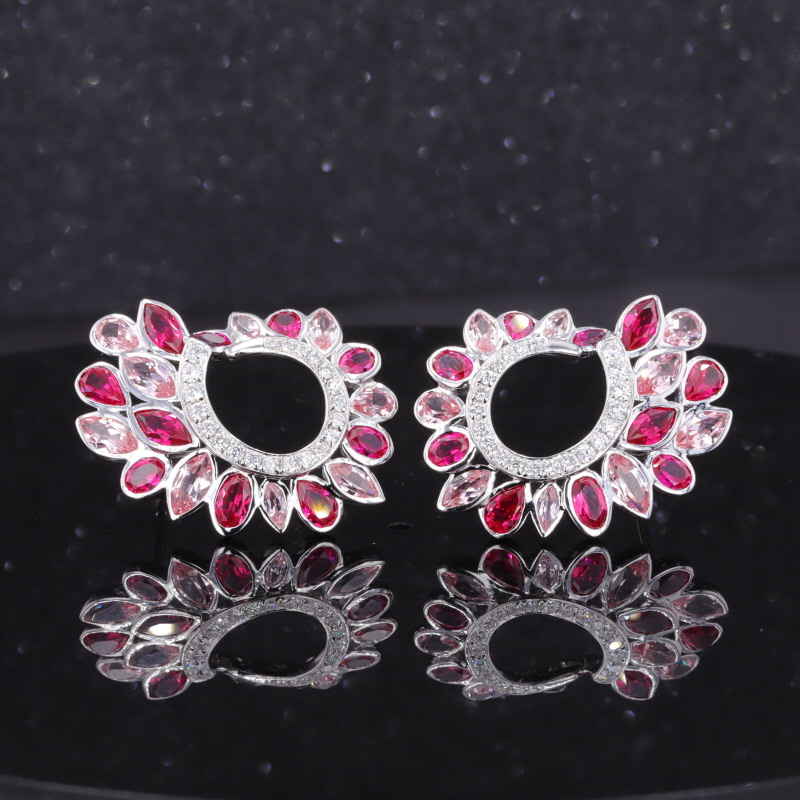 Pink and Ruby color Lab Sapphire Gemstone Bezel Set S925 Sterling Silver Diamond Stud Earrings