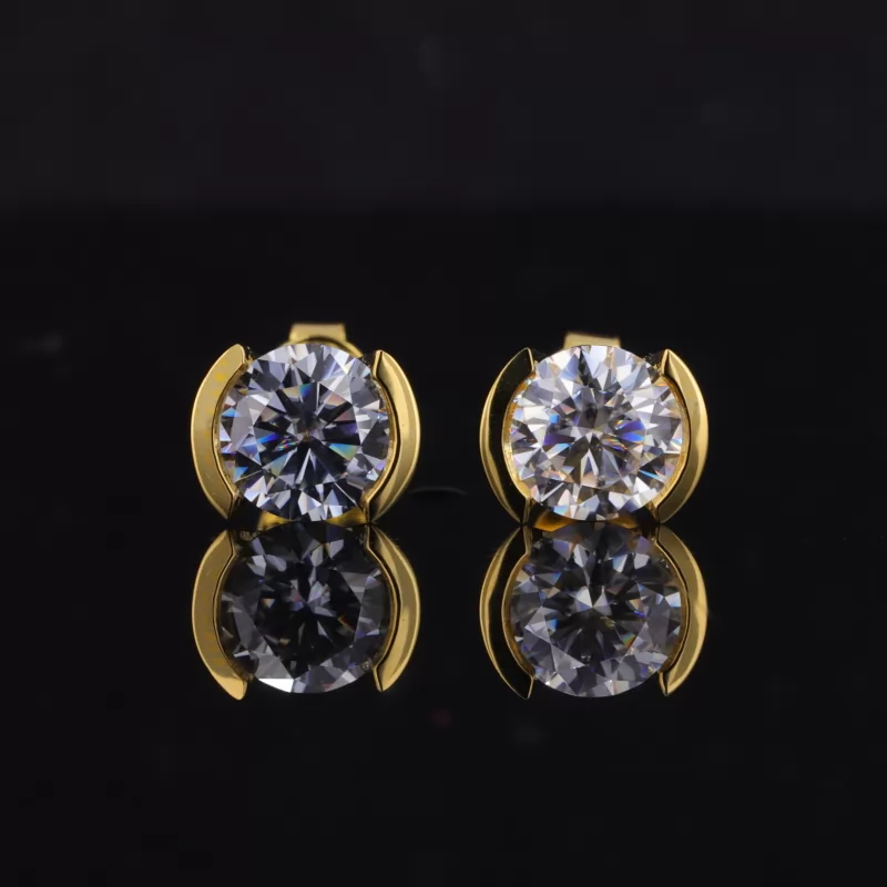 6.5mm Round Brilliant Cut Moissanite Half Bezel Set Push Back S925 Sterling Silver Diamond Stud Earrings