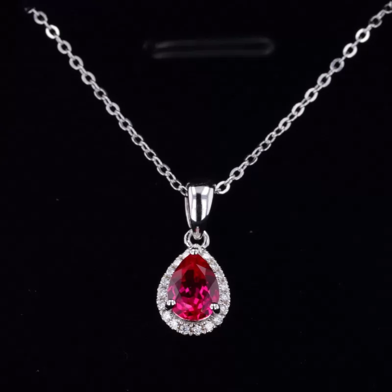 5×7mm Pear Cut Lab Grown Ruby S925 Sterling Silver Diamond Pendant Necklace