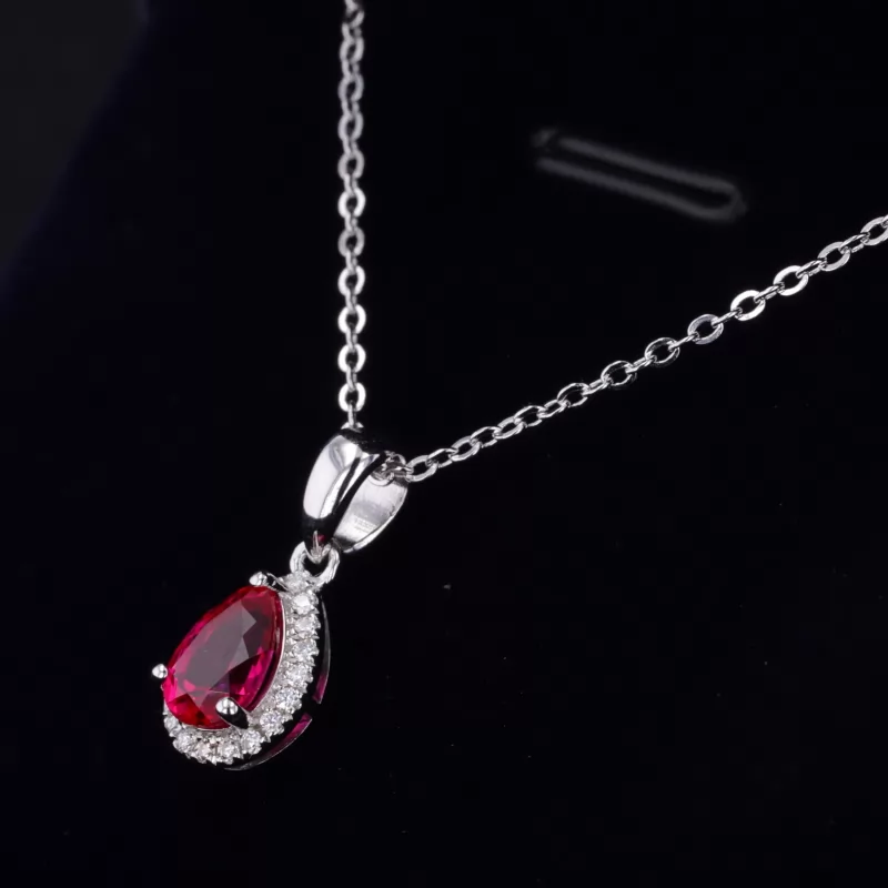 5×7mm Pear Cut Lab Grown Ruby S925 Sterling Silver Diamond Pendant Necklace