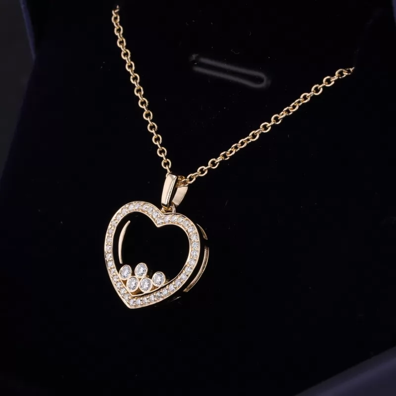 0.9mm & 1.5mm Round Brilliant Cut Moissanite 14K Yellow Gold Heart Shape Diamond Pendant Necklace