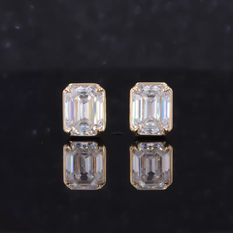 6×8mm Octagon Emerald Cut Moissanite Bezel Set 10K Yellow Gold Diamond Stud Earrings