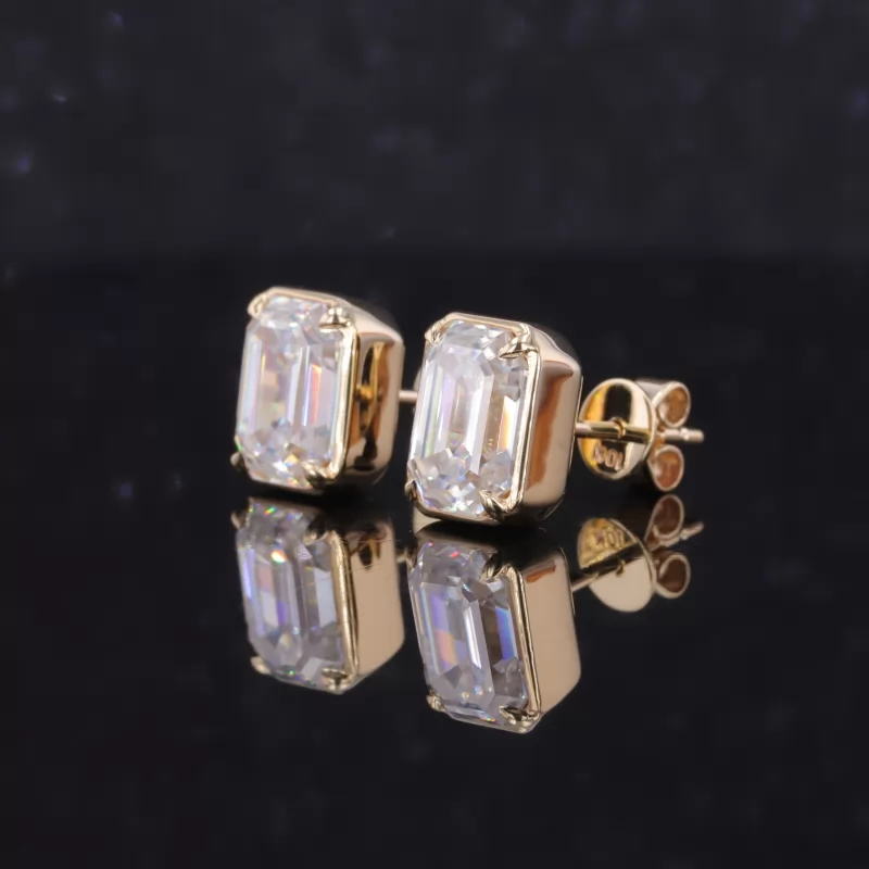 6×8mm Octagon Emerald Cut Moissanite Bezel Set 10K Yellow Gold Diamond Stud Earrings