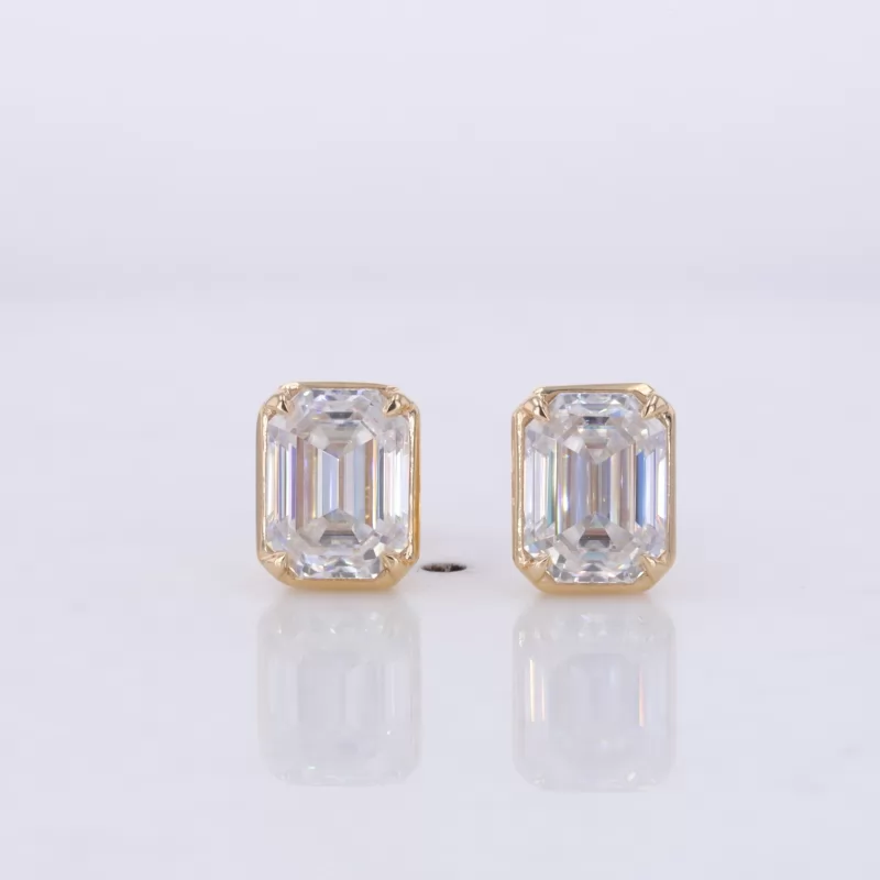 6×8mm Octagon Emerald Cut Moissanite Bezel Set 10K Yellow Gold Diamond Stud Earrings