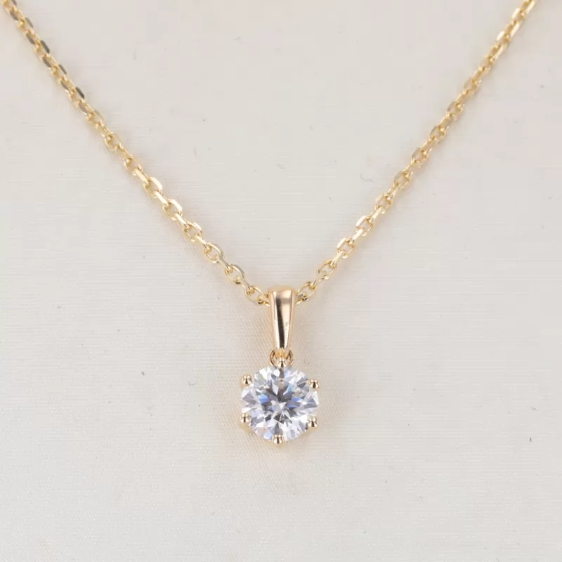 6.5mm Round Brilliant Cut Moissanite 14K Yellow Gold Diamond Pendant Necklace