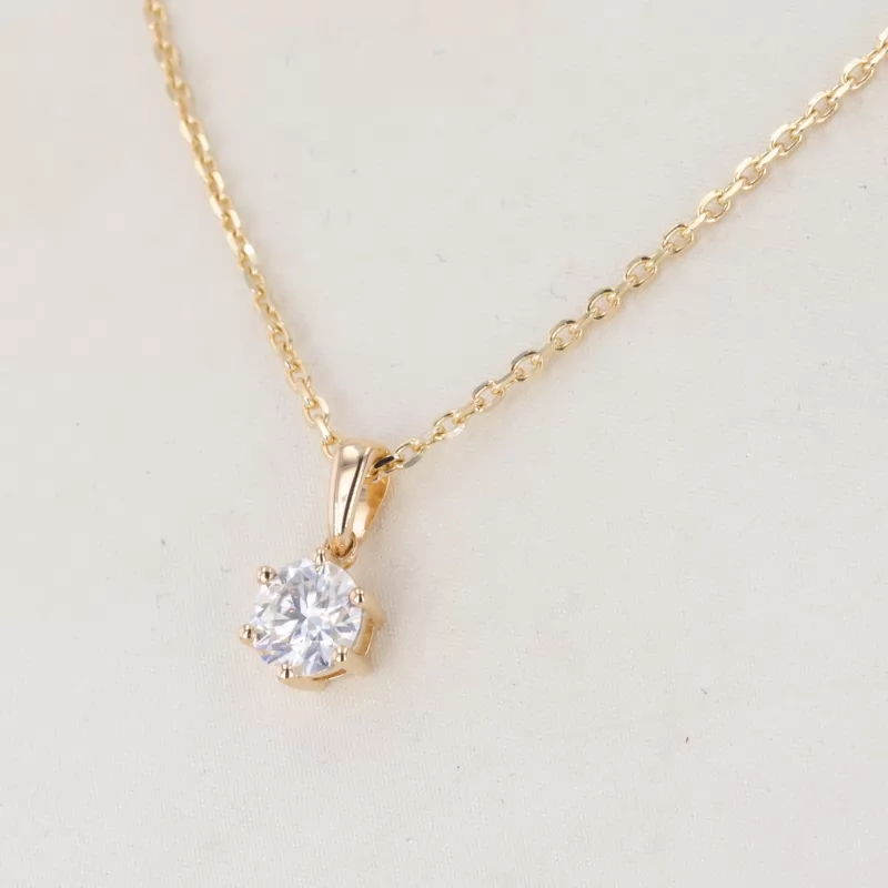 6.5mm Round Brilliant Cut Moissanite 14K Yellow Gold Diamond Pendant Necklace