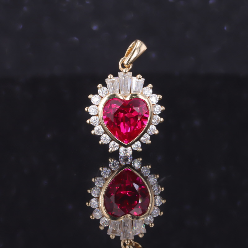 7×7mm Heart Cut Lab Grown Ruby 9K Yellow Gold Diamond Pendant