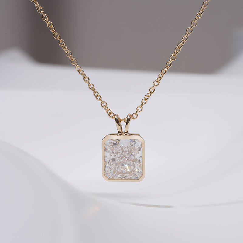 7×8mm Radiant Shape Crushed Ice Cut Lab Grown Diamond 14K Yellow Gold Diamond Pendant