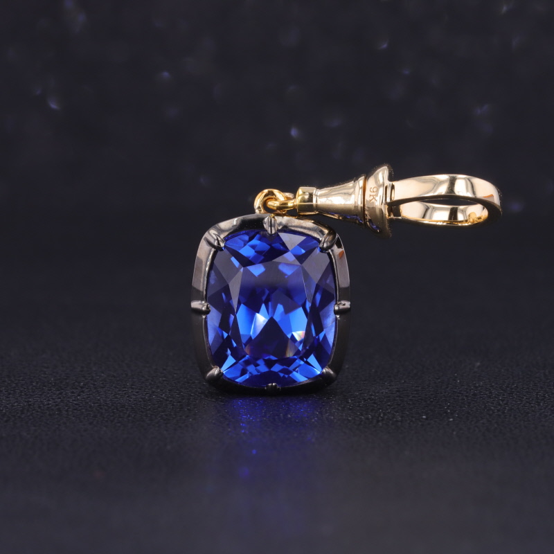 9×11mm Cushion Cut Lab Grown Sapphire 9K Yellow Gold Diamond Pendant