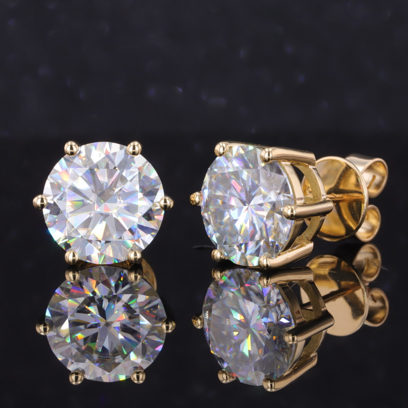 11mm Round Brilliant Cut Moissanite 6 Prongs 18K Yellow Gold Diamond Stud Earrings