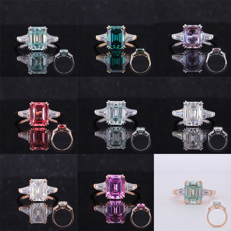 8×10mm Octagon Emerald Cut Lab Gemstones Three Stone Engagement Rings