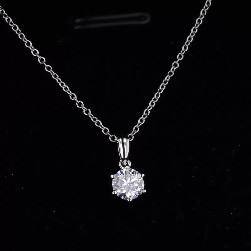 5mm Round Brilliant Cut Lab Grown Diamond 6 Prongs Accent Basket Set 18K White Gold Pendant Necklace