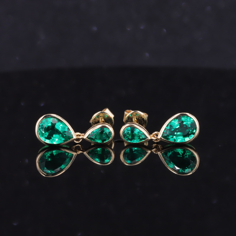 3×5mm & 5×7mm Pear Cut Lab Grown Emerald 10K Yellow Gold Diamond Earrings