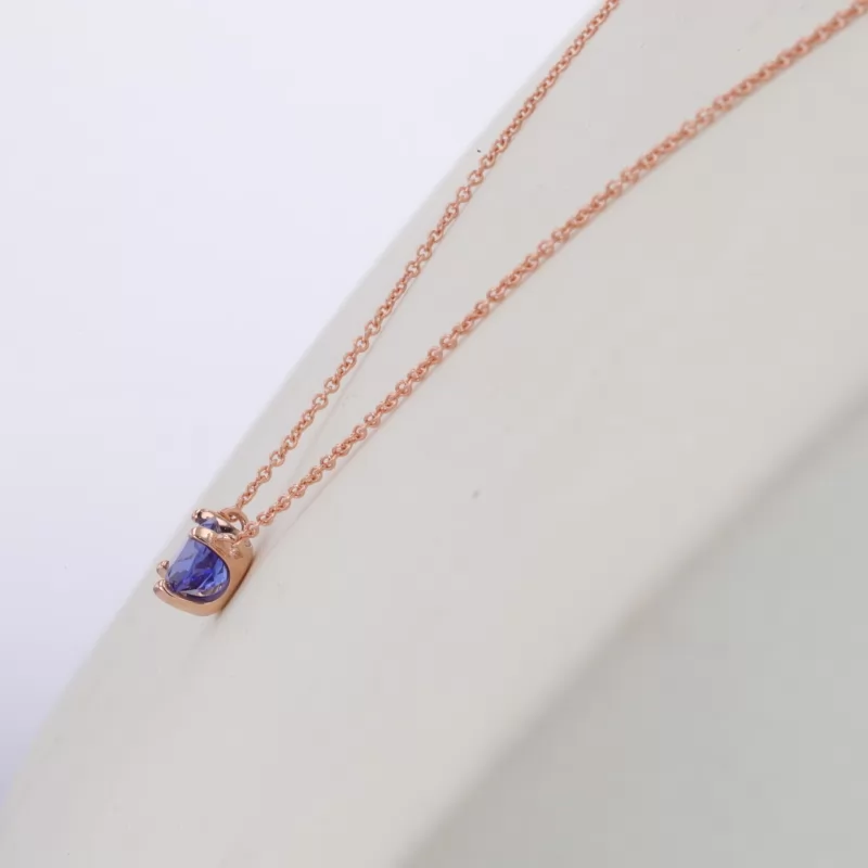 5.5mm Round Brilliant Cut Lab Grown Sapphire 10K Rose Gold Diamond Pendant Necklace