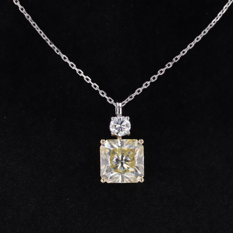 11×11mm Radiant Cut Yellow Moissanite 14K White Gold Diamond Pendant Necklace