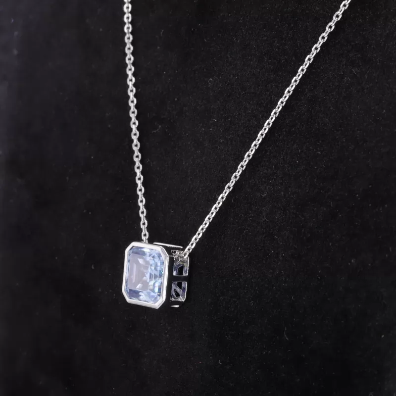 9×9mm Asscher Cut Blue Moissanite Bezel Set S925 Sterling Silver Diamond Pendant Necklace