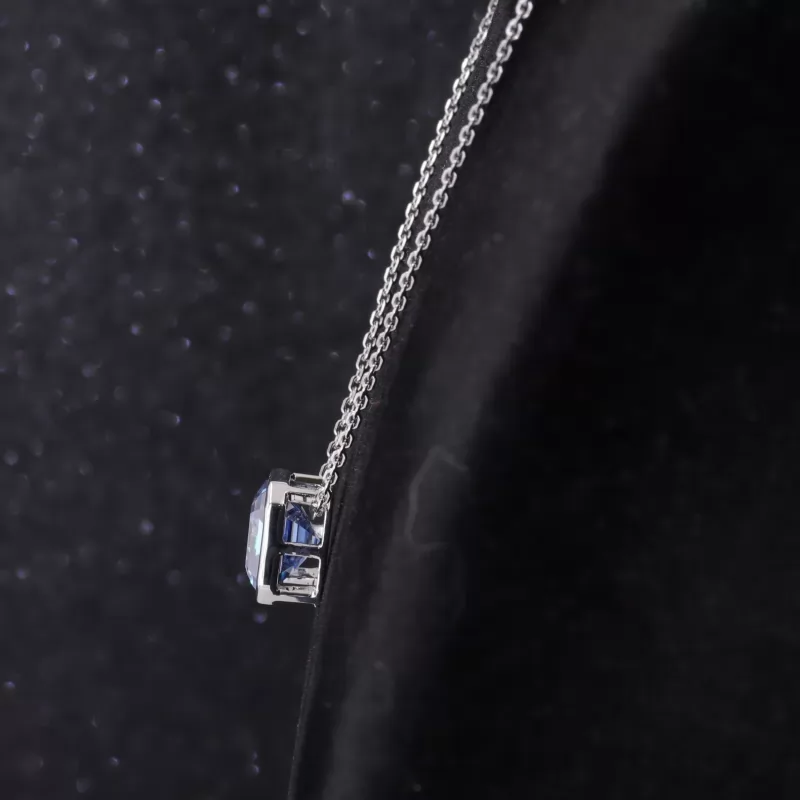 9×9mm Asscher Cut Blue Moissanite Bezel Set S925 Sterling Silver Diamond Pendant Necklace