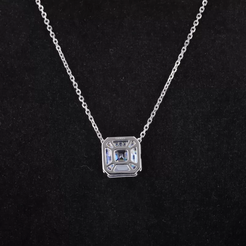 9×9mm Asscher Cut Blue Moissanite Bezel Set S925 Sterling Silver Diamond Pendant Necklace