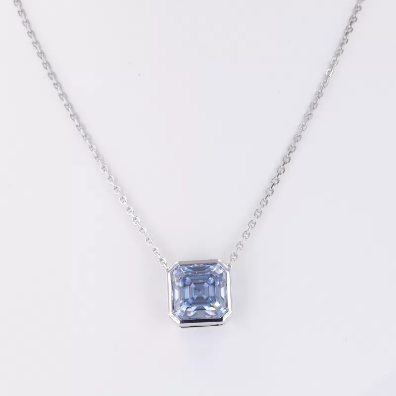 9×9mm Asscher Cut Blue Moissanite Bezel Set S925 Sterling Silver Diamond Pendant Necklace